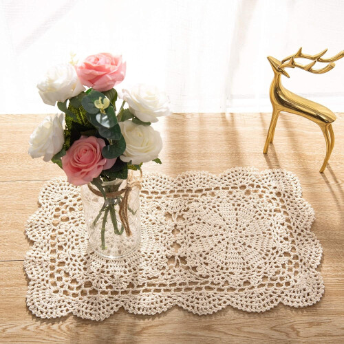 Handmade crochet cotton doilies rectangle 2-piece beige