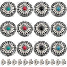 12PCS 30mm Screw Back Buttons, Vintage Engraved Sun Flower Faux Turquoise Conchos, Daisy Flower Bud Decorative Buckle Castings for Replacement, 1 Box