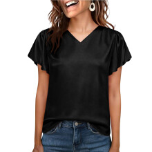 Women Silk Satin Tops Cap Short Sleeve Blouse V Neck-Black XXL