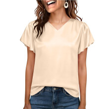Women Silk Satin Tops Cap Short Sleeve Blouse V-Champagne L