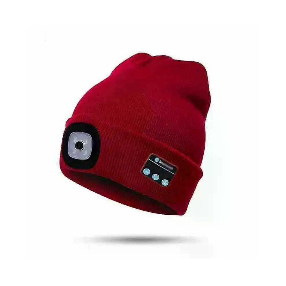 (Red) Winter Knitted Beanie Hat With Light Earphone Bluetooth Led Light Luminous Outdoor Mountaineering Handfree Music Headphone Hat-image