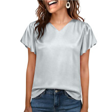 Women Silk Satin Tops Cap Short Sleeve Blouse V Neck-Silver S