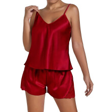 Womens Satin Camisole and Shorts Nightwear Pajamas Set-Red M