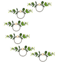 Lot de 6 ronds de serviette en eucalyptus, ronds de serviette en perles de bois, motif printemps champêtre, pour la décoration de table.