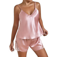 Womens Satin Camisole and Shorts Nightwear Pajamas Set-Pink XXL