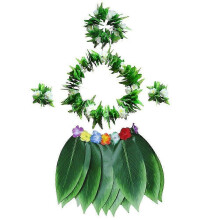 5pcs Hula Skirt Hawaiian Costume Set with Green Leaves Necklace Bracelets Headband Luau Party Favors for Beach Luau Party Supplies(Adults)