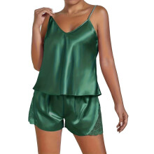 Womens Satin Camisole and Shorts Nightwear Pajamas Set-Green XXL