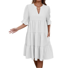 Women Loose Half Sleeve a Line Mini Dress Pleated V-White L