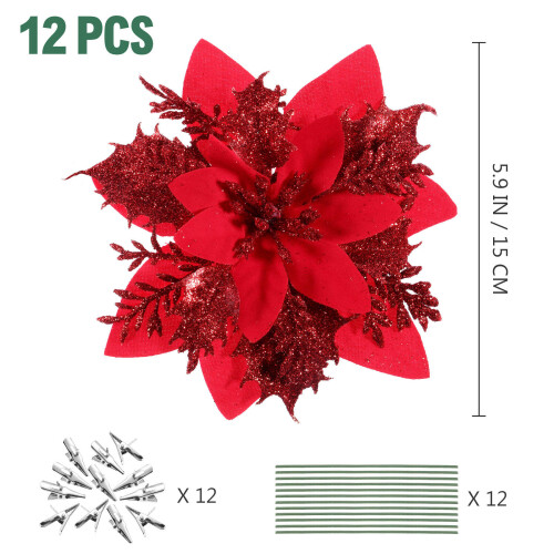 Κόκκινα κλιπ λουλουδιών Poinsettia με γκλίτερ 12 τεμάχια 1