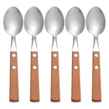 5 stuks roestvrijstalen dessertlepels met houten handvatten (diverse kleuren)