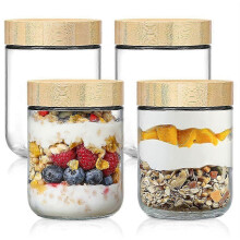 Paquete de 4 frascos de vidrio con tapa hermética de 473 ml (16 oz) para avena nocturna con tapas de bambú. Recipiente de vidrio para snacks.