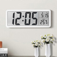 Digital Wall Clock 8Inch LCD Display With Time Temp Date, Battery Or USB Powered, White, For Living Room Bedroom Kitchen Desk
