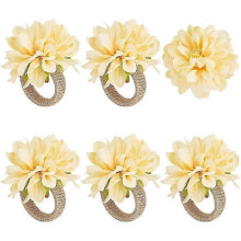 Lot de 6 ronds de serviette fleuris jaunes artificiels, en corde de jute avec boucle, faits main, pour décoration de table.