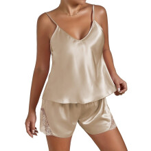 Womens Satin Camisole and Shorts Nightwear Pajamas-Champagne S