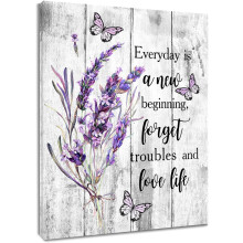 Tableau mural de fleurs de lavande avec papillon sur toile en bois