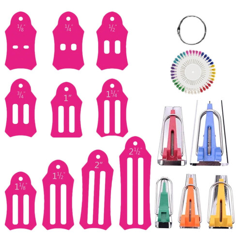 Kit para fazer viés com ferramentas de dobragem e agulhas.