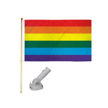 Regenbogenflagge aus Polyester (90 x 150 cm) mit 150 cm langem Holzmast