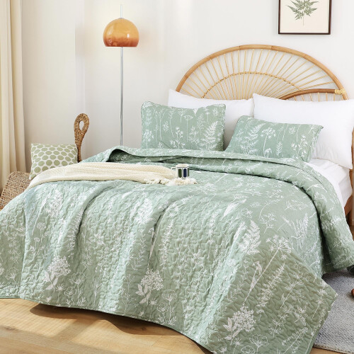 Queen-Steppdecken-Set, 3-teilig, Salbeigrün, botanisches Mikrofaser-Design
