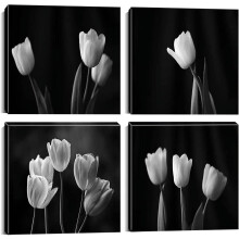 Juego de lienzos decorativos de tulipanes en blanco y negro, 4 paneles de 16x16 pulgadas.
