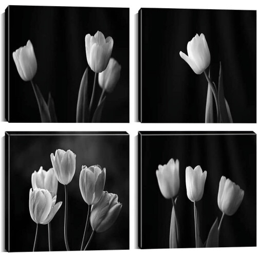 Conjunto de quadros de parede em tela com tulipas em preto e branco, 4 painéis de 40x40 cm (16x16 polegadas).