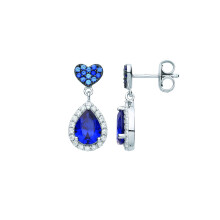 Jewelco London Ladies Rhodium Plated Sterling Silver Blue Pear CZ Love Heart Pillow Cluster Raindrop Halo Drop Earrings - EAG1074
