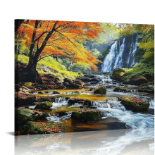 Landschaftsbild auf Leinwand: Wasserfall, Wald, Berg