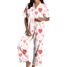Women's Valentine's Day Pajama Set: Satin Heart Print-pink XXL