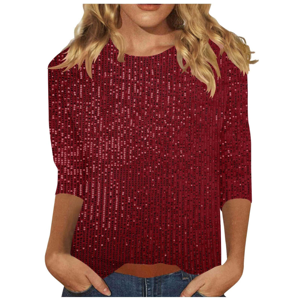 Tops Solid Color for Women Glitter Three-quarter-Claret M