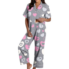 Women's Valentine's Day Pajama Set: Satin Heart Print-Gray XXL