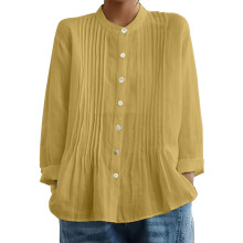 Linen Cotton Shirt Blouse Top for Women Casual-Yellow L