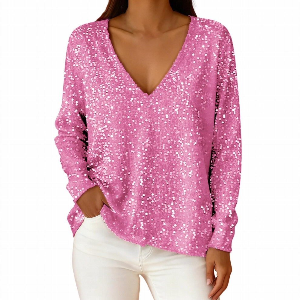 Pink Women's Sequined Top, Sparkling And Elegant V-Neck- L