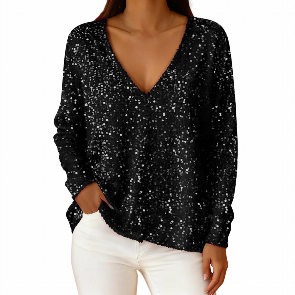 Black Women's Sequined Top, Sparkling And Elegant V-Neck- Xxl