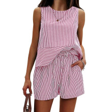 Women's Red Polyester Sleeveless Tank & Shorts Set
