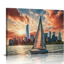 Quadro su tela con skyline di Boston e cornice in legno.