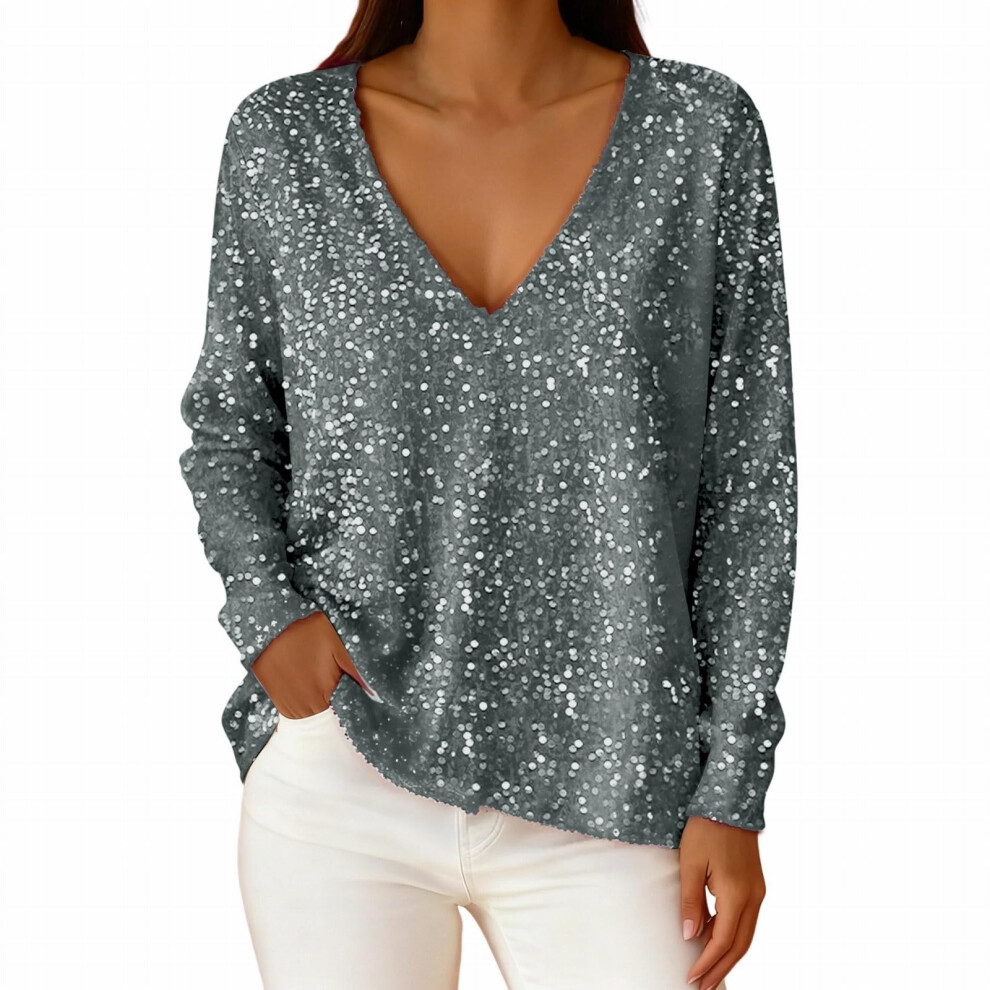 Gray Women's Sequined Top, Sparkling And Elegant V-Neck- S