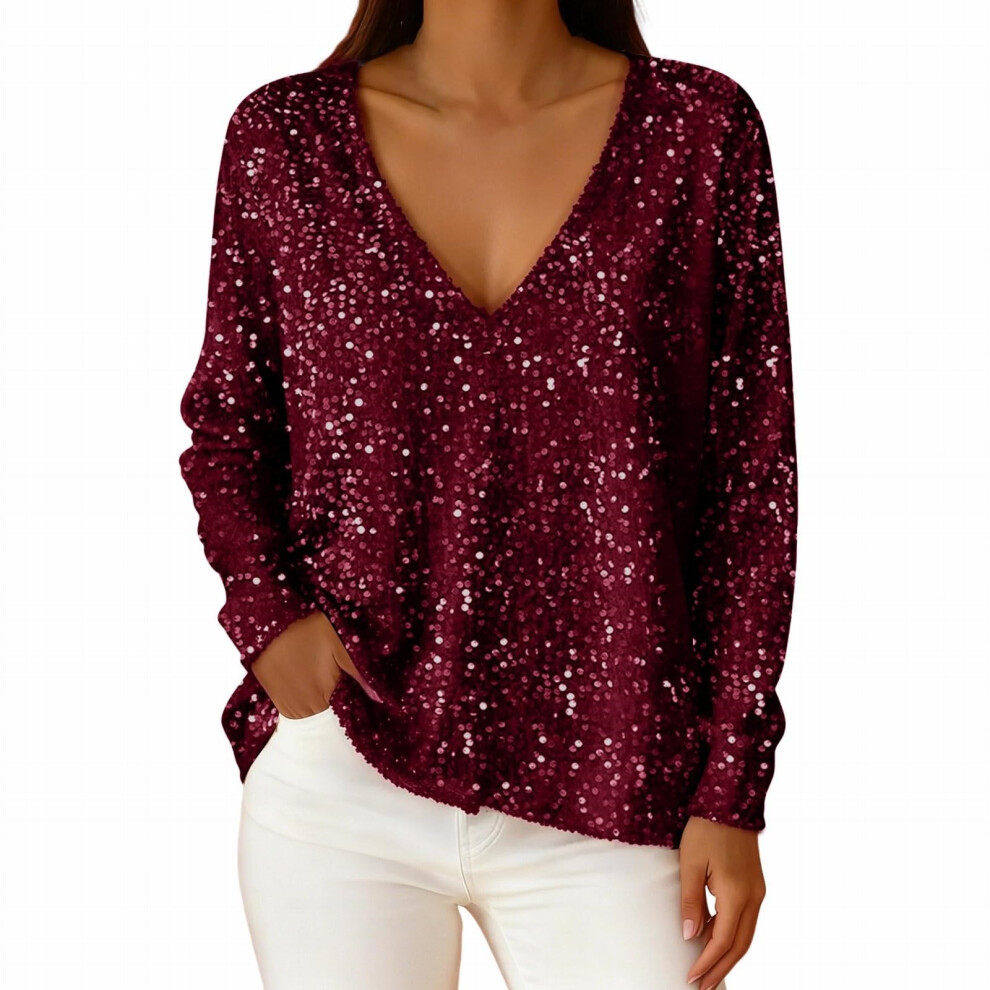 Burgundy Women's Sequined Top, Sparkling And Elegant V-Neck- S