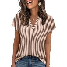 Women's sleeve V-neck shirt top, casual-Coffee color XL