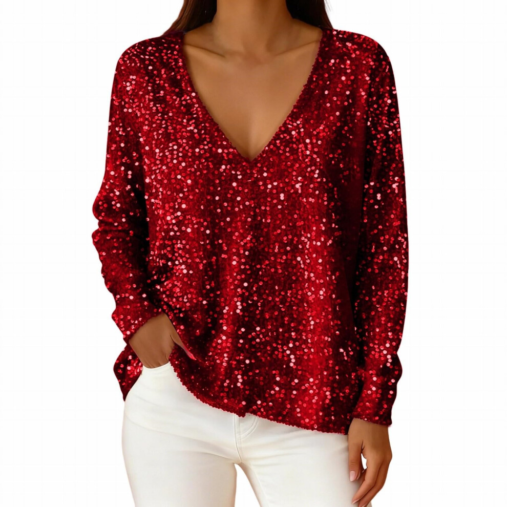 Red Women's Sequined Top, Sparkling And Elegant V-Neck- S