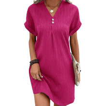 Summer Dresses for Women Casual Button V Neck Short-rose red S