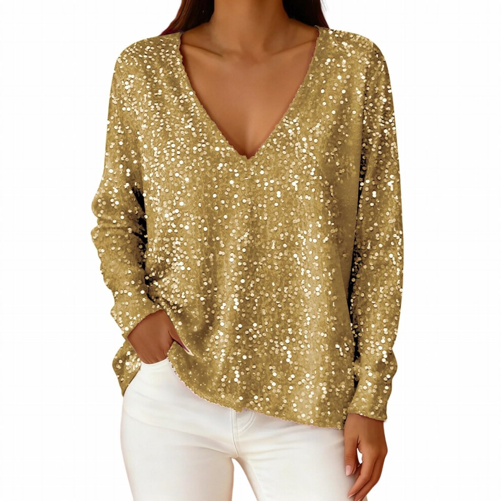 Gold Women's Sequined Top, Sparkling And Elegant V-Neck- M