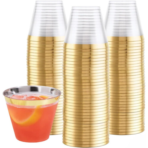Engangsplastikvinglas med guldkant 9oz