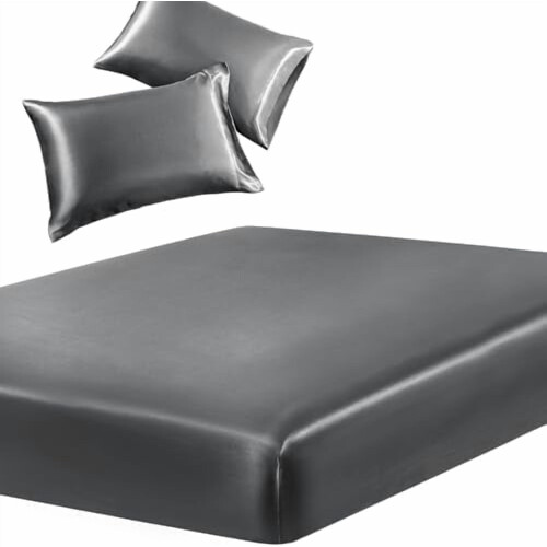 Tacar Braillíní Feistithe Satin Twin XL 3 phíosa Liath