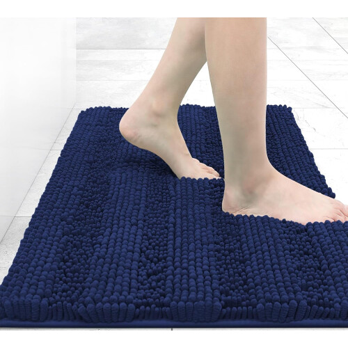 Chenille stripete baderomsteppe 64 x 43 cm marineblå