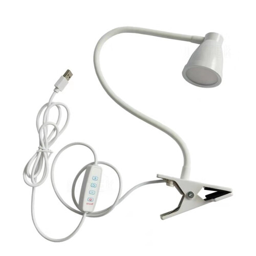 Luminária de cabeceira LED USB com clipe e haste flexível.