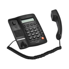 Telefone de mesa com fio, visor LCD e identificador de chamadas.