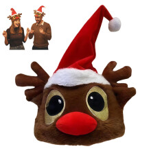 Chapéu de Natal interativo em forma de rena com música e luzes.