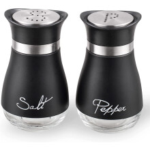 Glas salt- og peberbøsser med låg i rustfrit stål