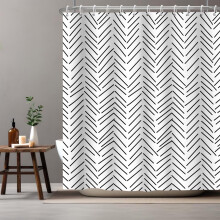 Cortina de chuveiro em espinha de peixe preta e branca, 183 x 183 cm (72 x 72 polegadas)