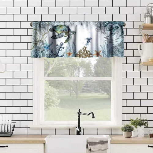 Sea Turtle Valance, Blue Teal Nautical Print Polyester 1