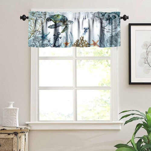 Sea Turtle Valance, Blue Teal Nautical Print Polyester 2